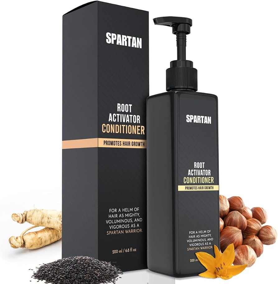 Spartan Root Activator Conditioner bottle with ginger root, black seeds and botanicals